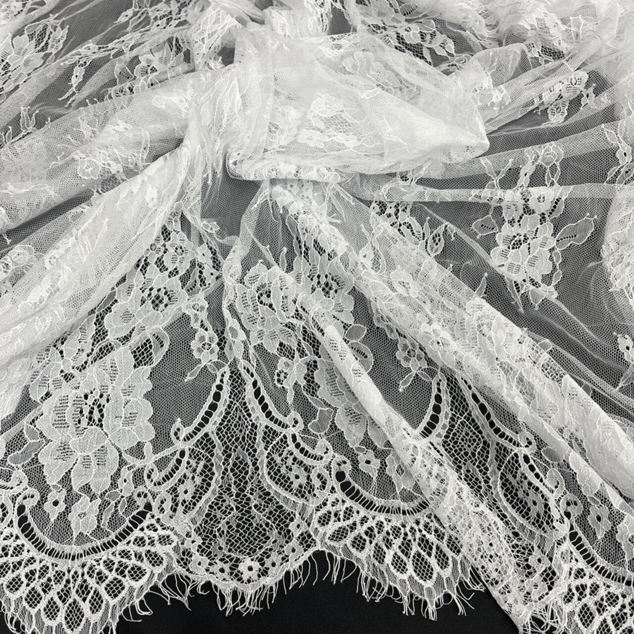 3 Yards Chantilly Embroidered Lace Fabric with Eyelash Scallop